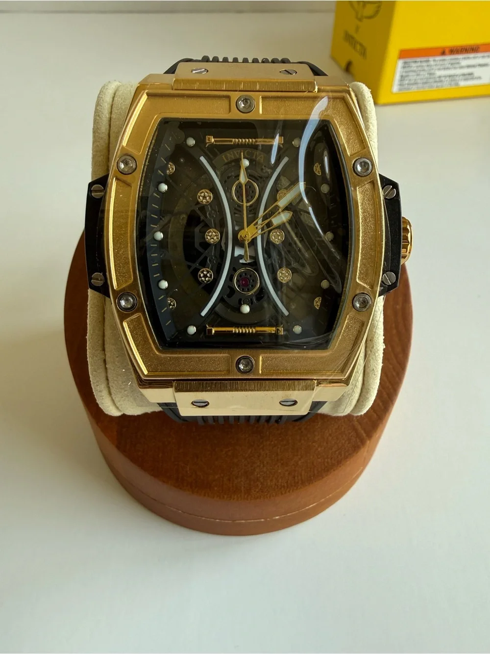 Invicta 69845 Gold Tone Skeleton Men’s Watch Black Strap Box